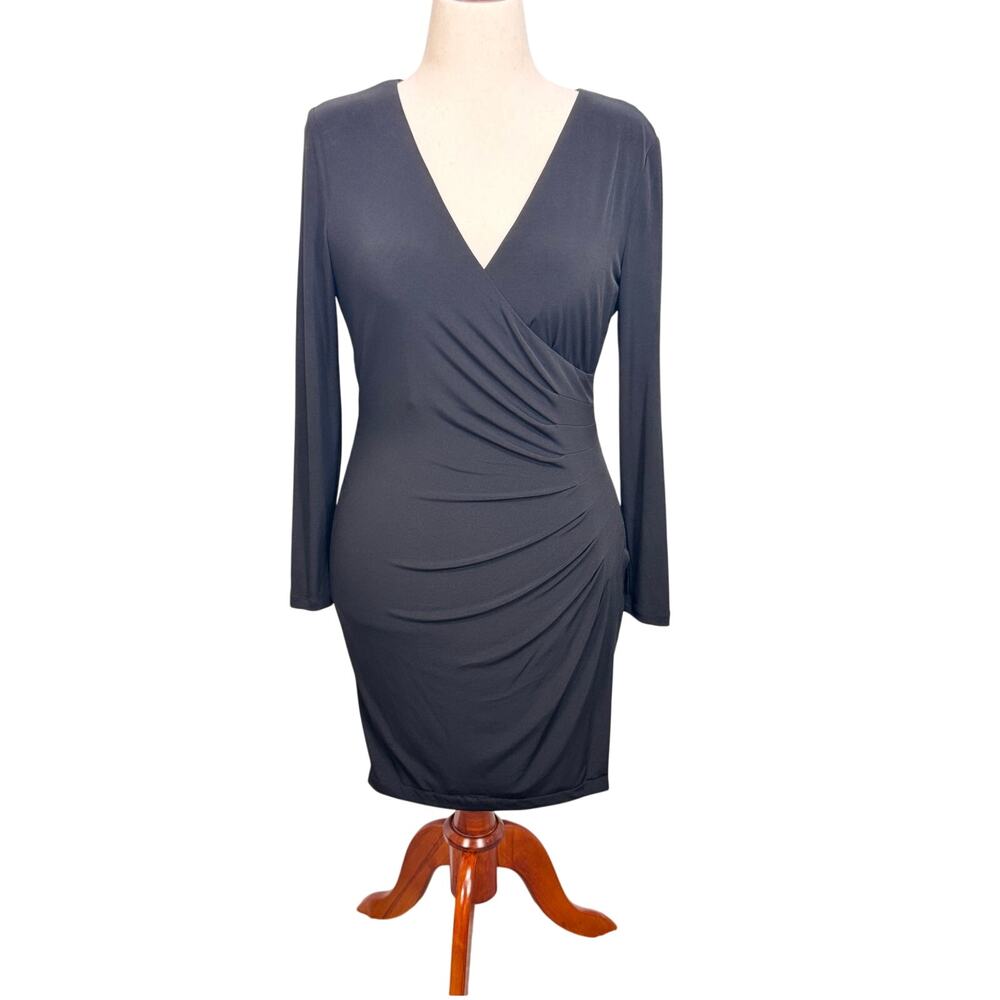 Calvin Klein faux-wrap long sleeve black sheath dress v neck waist ruching  8
